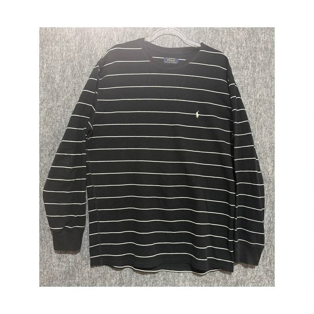 Polo Ralph Lauren Mens XXL Black White Striped Waffle Knit Thermal Shirt Cotton